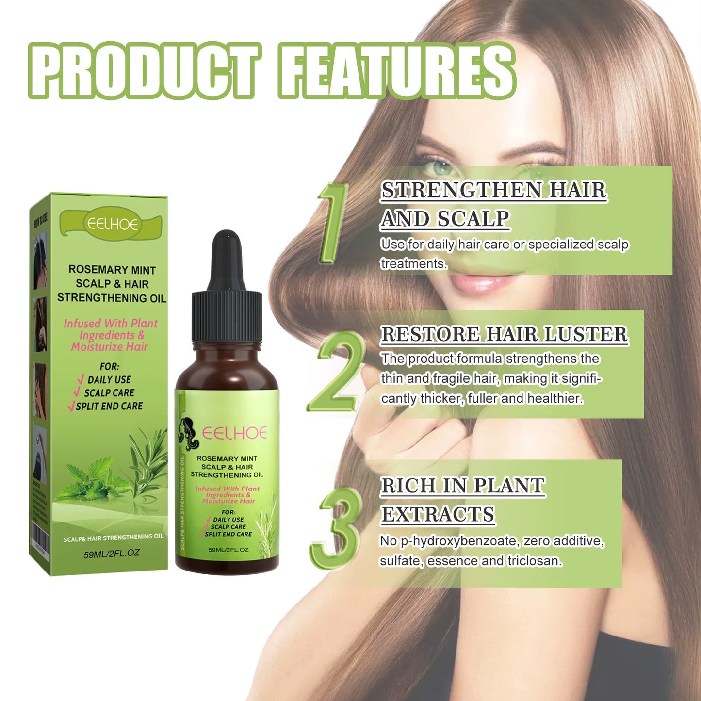 Rosemary Mint Hair Oil for Damaged Hair Moisturizer Smooth Strengthen Hair Care Rosemary Oil Hair Growth Products 59Ml